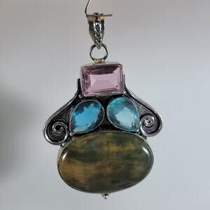 Jasper Blue Topaz & Pink Quartz Pendant Artisan Sterling Silver Gemstone Jewelry